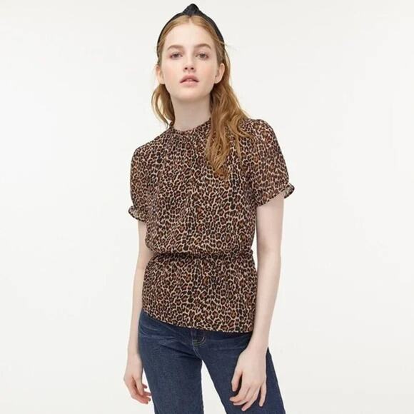 J. Crew Women's Tan Black Leopard Print Ruffle Neck Short Sleeve Peplum Blouse - Picture 1 of 12